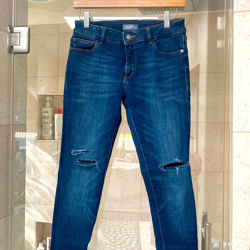 Brand DL1961 purchased/Norsdrom, Distressed dark denim jeans, sz 26, good condi.